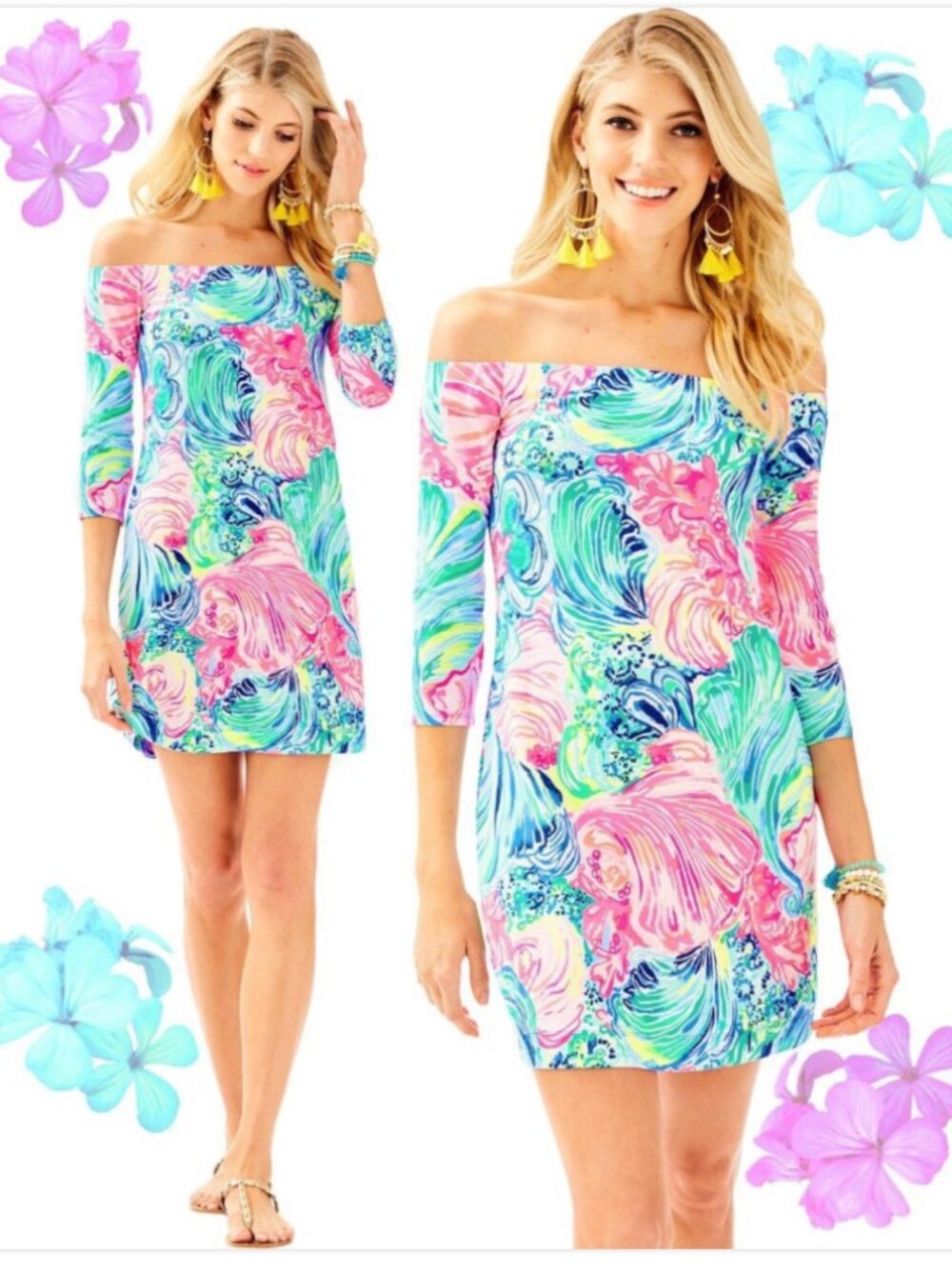 Lilly Pulitzer off Shoulder Dress Mini sz L Beachwear Casual Tropical